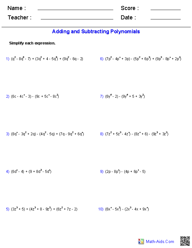 Algebra 1 Worksheets Monomials And Polynomials Worksheets