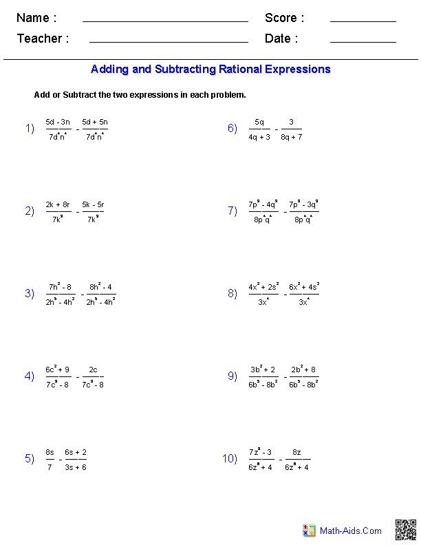 Algebra 1 Worksheets Rational Expressions Worksheets Rational 