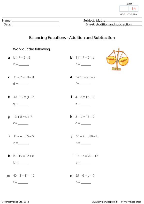 Balancing Equations Addition And Subtraction