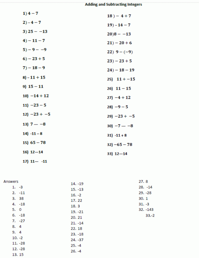 Dad Worksheets Adding And Subtracting Integers Reasonfanzach Adding 