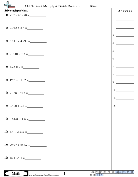 Decimal Addition Subtraction Multiplication And Division Worksheets 