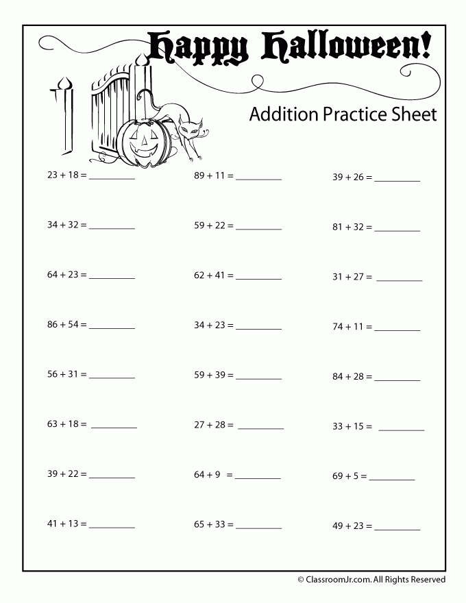 Double Digit Halloween Addition Worksheet Numbers Up To 99 Woo Jr 