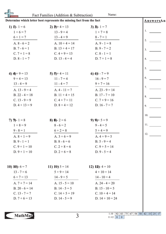 Fact Families Addition Subtraction Worksheet With Answer Key 