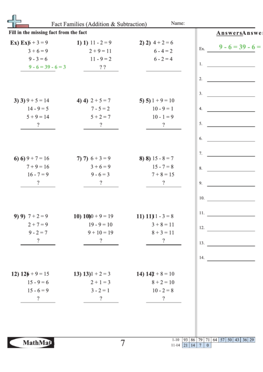 Fact Families Addition Subtraction Worksheet With Answer Key 