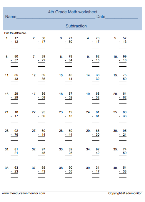 Fourth Grade Math Worksheet Archives EduMonitor