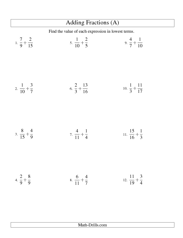 Fractions Worksheet Adding Fractions With Unlike Denominators And 