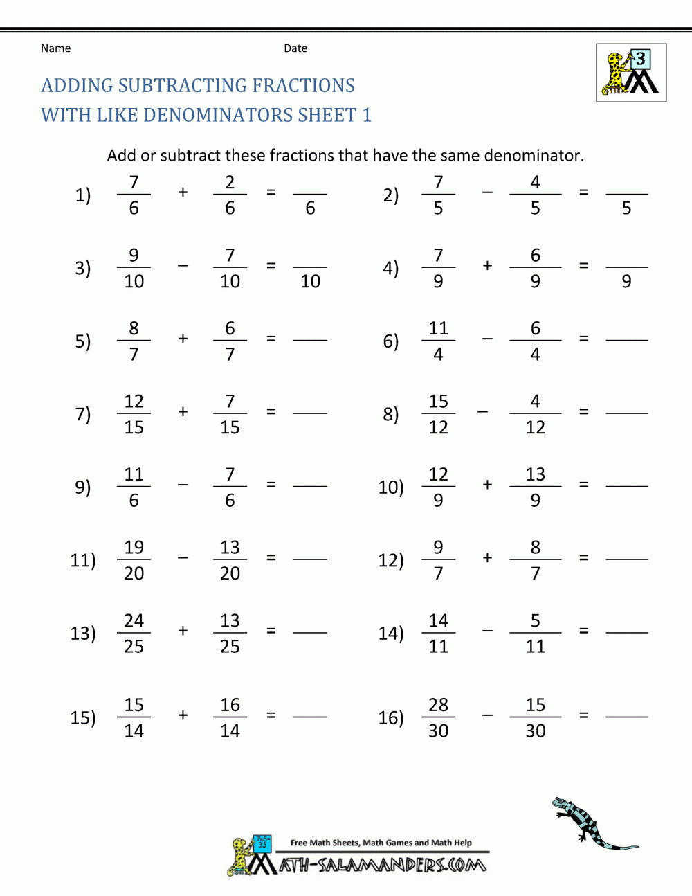 Free Fraction Worksheets Adding Subtracting Fractions