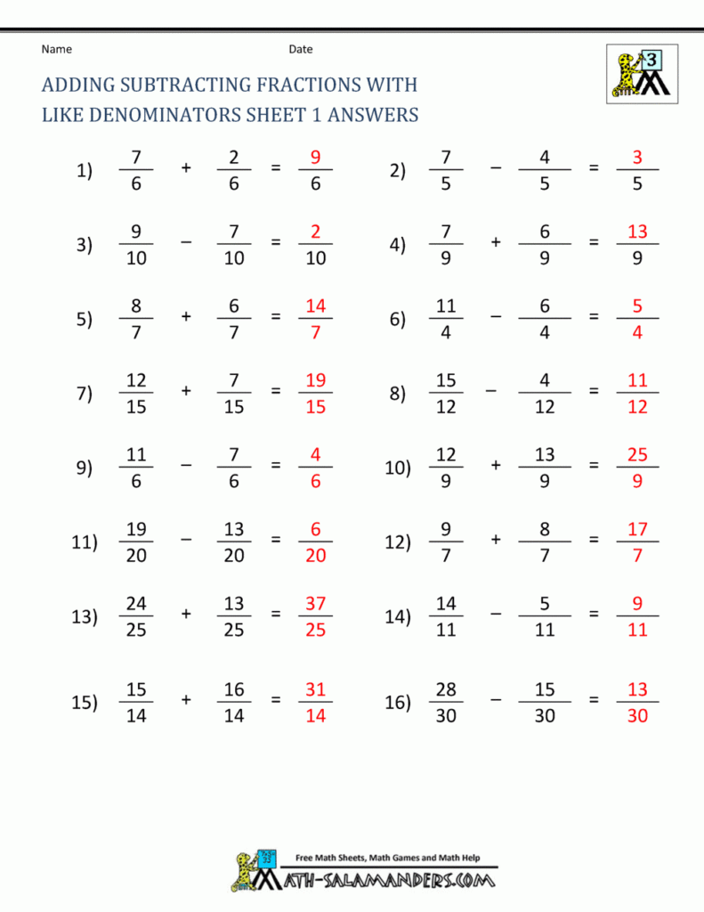 Free Fraction Worksheets Adding Subtracting Fractions