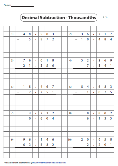 Grid Subtraction Thousandths Subtracting Decimals Decimals 