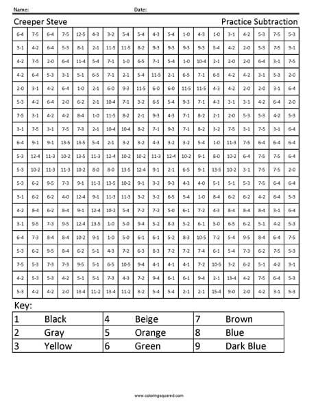 Halloween Minecraft Subtraction Coloring Squared