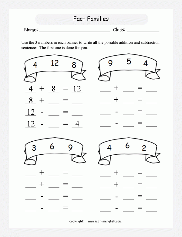 Math Fact Relationship Between Addition And Subtraction Worksheets 