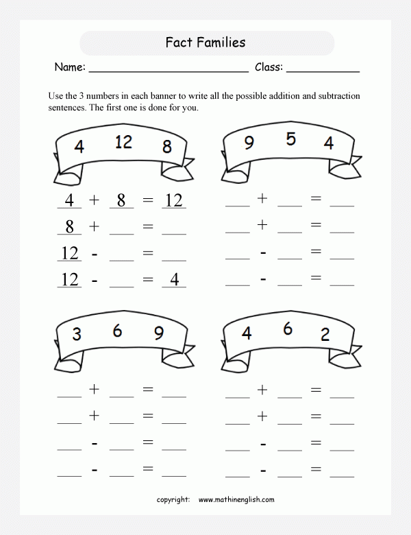 Math Fact Relationship Between Addition And Subtraction Worksheets