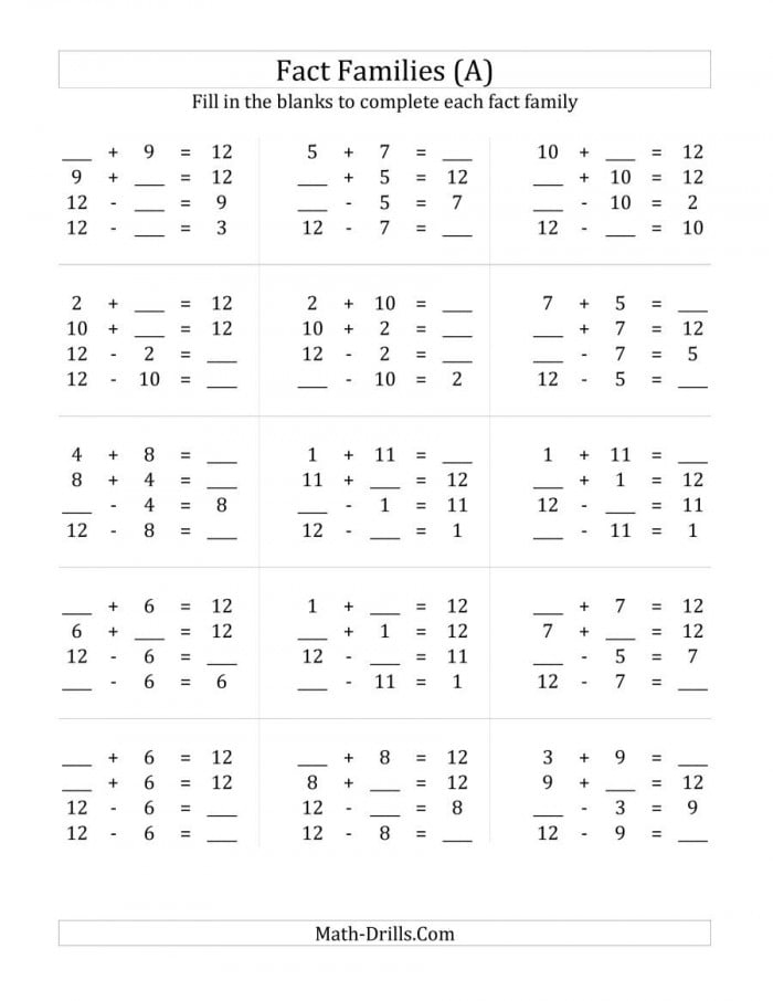 Math Fact Relationship Between Addition And Subtraction Worksheets 