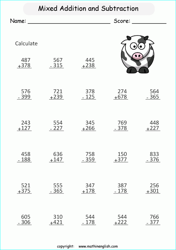 Mixed Addition And Subtraction 3 Digit Numbers Printable Grade 2 Math 