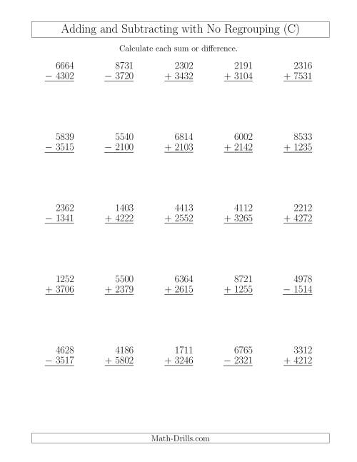 Mixed Addition And Subtraction Of Four Digit Numbers With No Regrouping C
