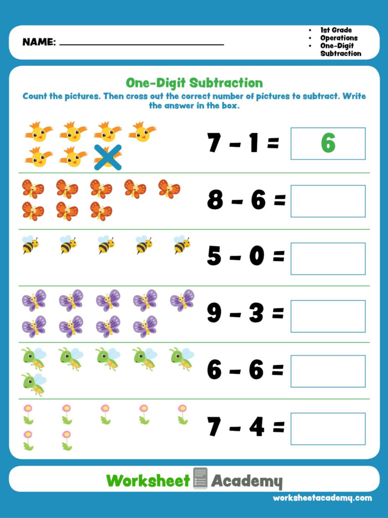 One Digit Subtraction First Grade Math Worksheets Subtraction 