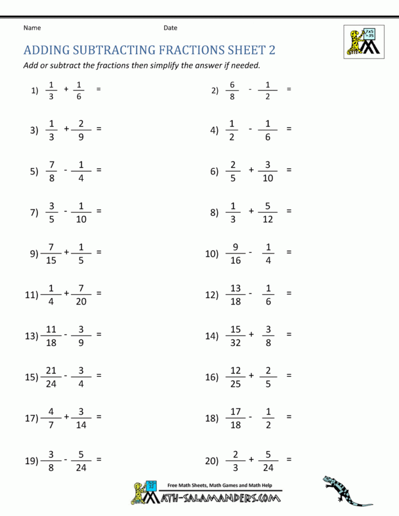 Printable Worksheets Fractions Addition And Subtraction Fraction 