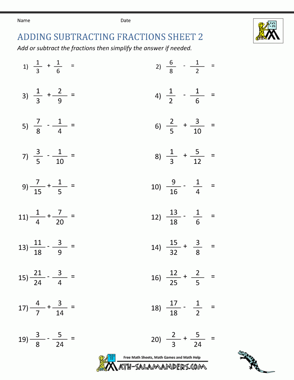 Printable Worksheets Fractions Addition And Subtraction Fraction 