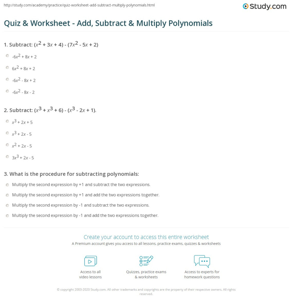 Quiz Worksheet Add Subtract Multiply Polynomials Study