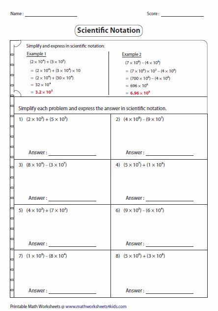 Scientific Notation Addition And Subtraction Independent Practice 