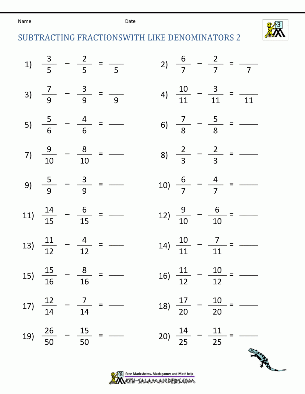 Subtracting Fractions Worksheets