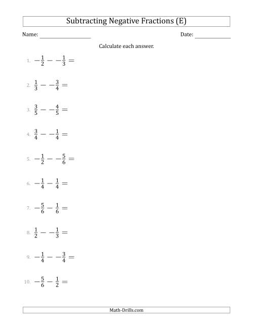 Subtracting Negative Fractions With Denominators To Sixths E