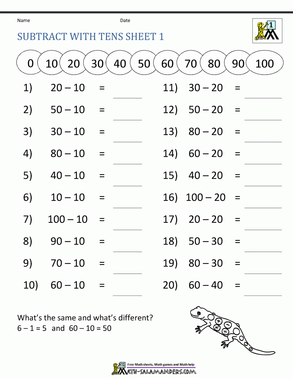 Subtracting Tens