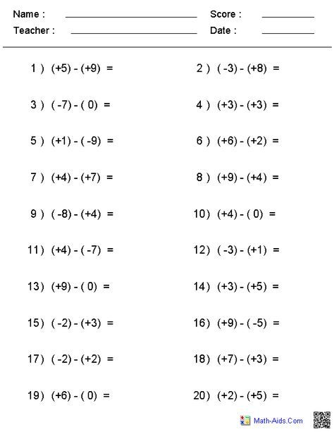 Subtraction Of Integers Worksheets New Integers Topic Area Algebra 