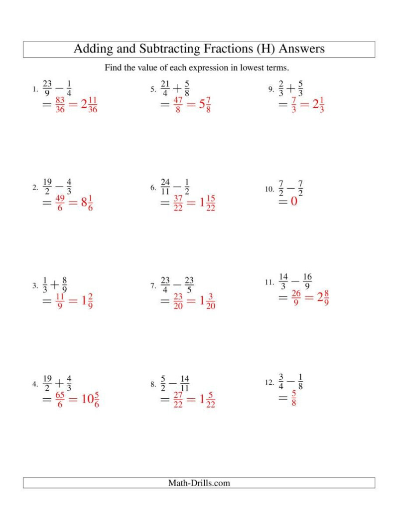 The Adding And Subtracting Fractions No Mixed Fractions H Math 