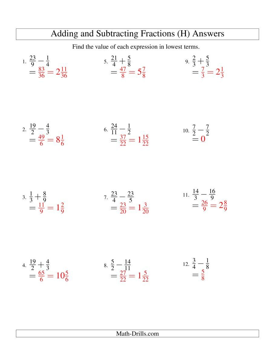 The Adding And Subtracting Fractions No Mixed Fractions H Math 