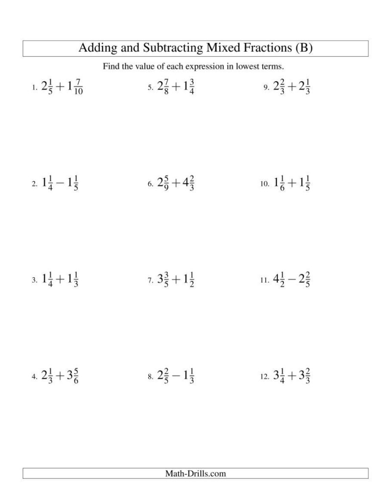 The Adding And Subtracting Mixed Fractions B Math Worksheet From The 