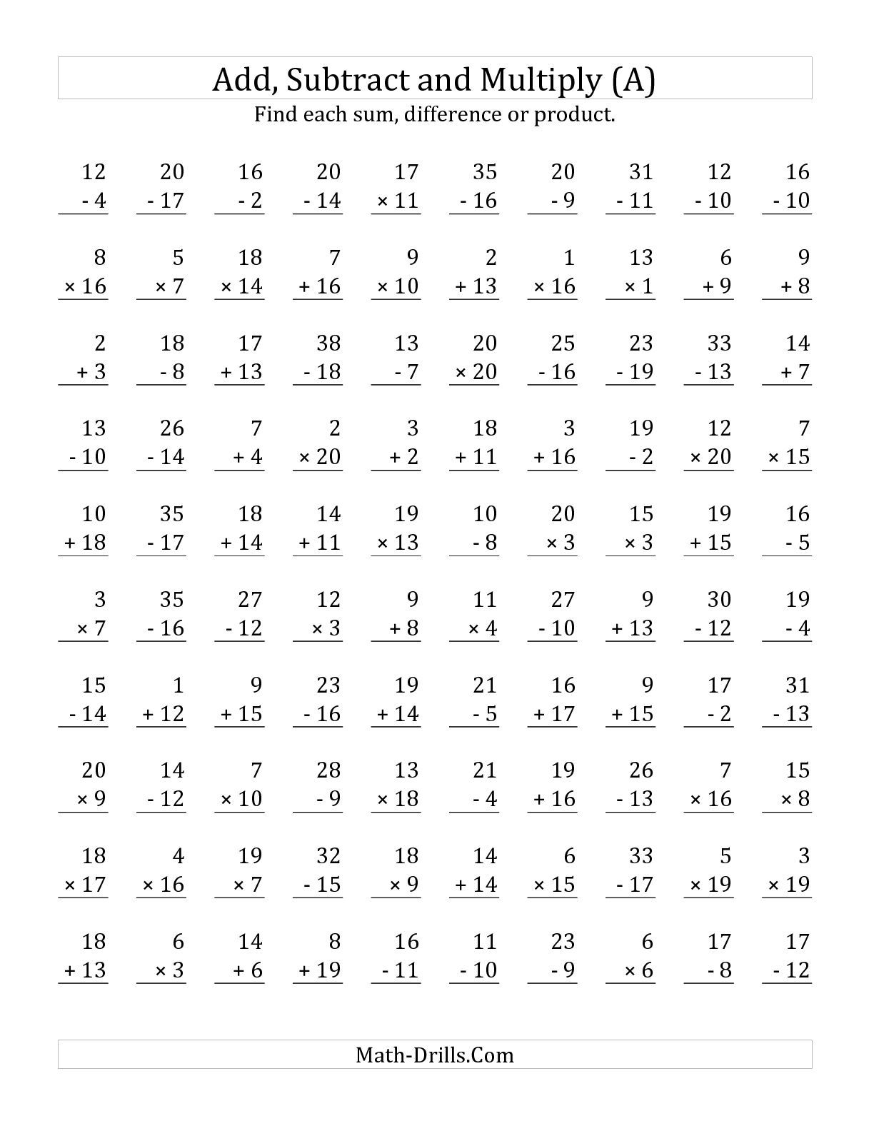 The Adding Subtracting And Multiplying With Facts From 1 To 20 A 