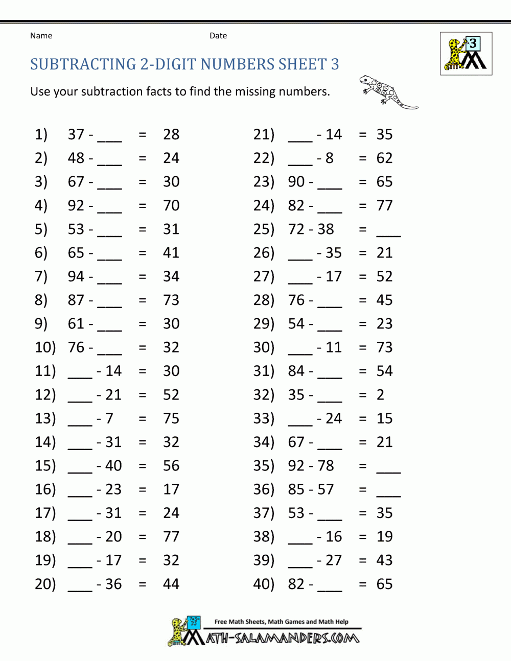 Third Grade Subtraction Worksheets