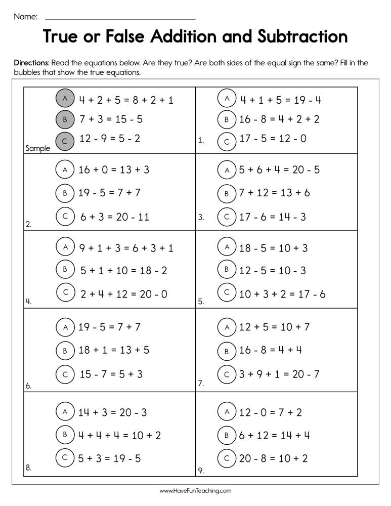 True Or False Addition And Subtraction Worksheet Have Fun Teaching