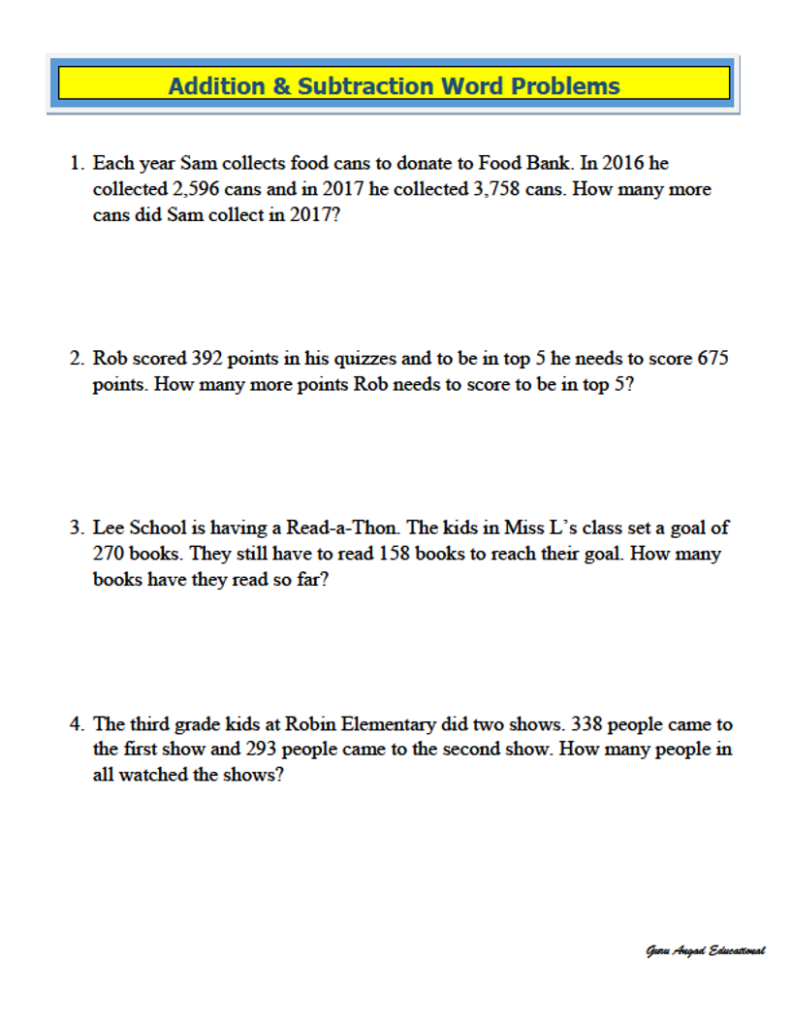 Word Word Problems For Grade 3