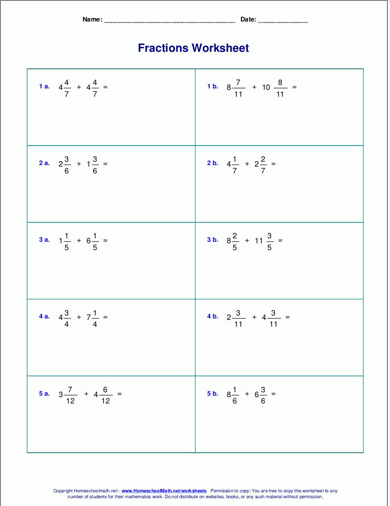 Worksheets For Fraction Addition