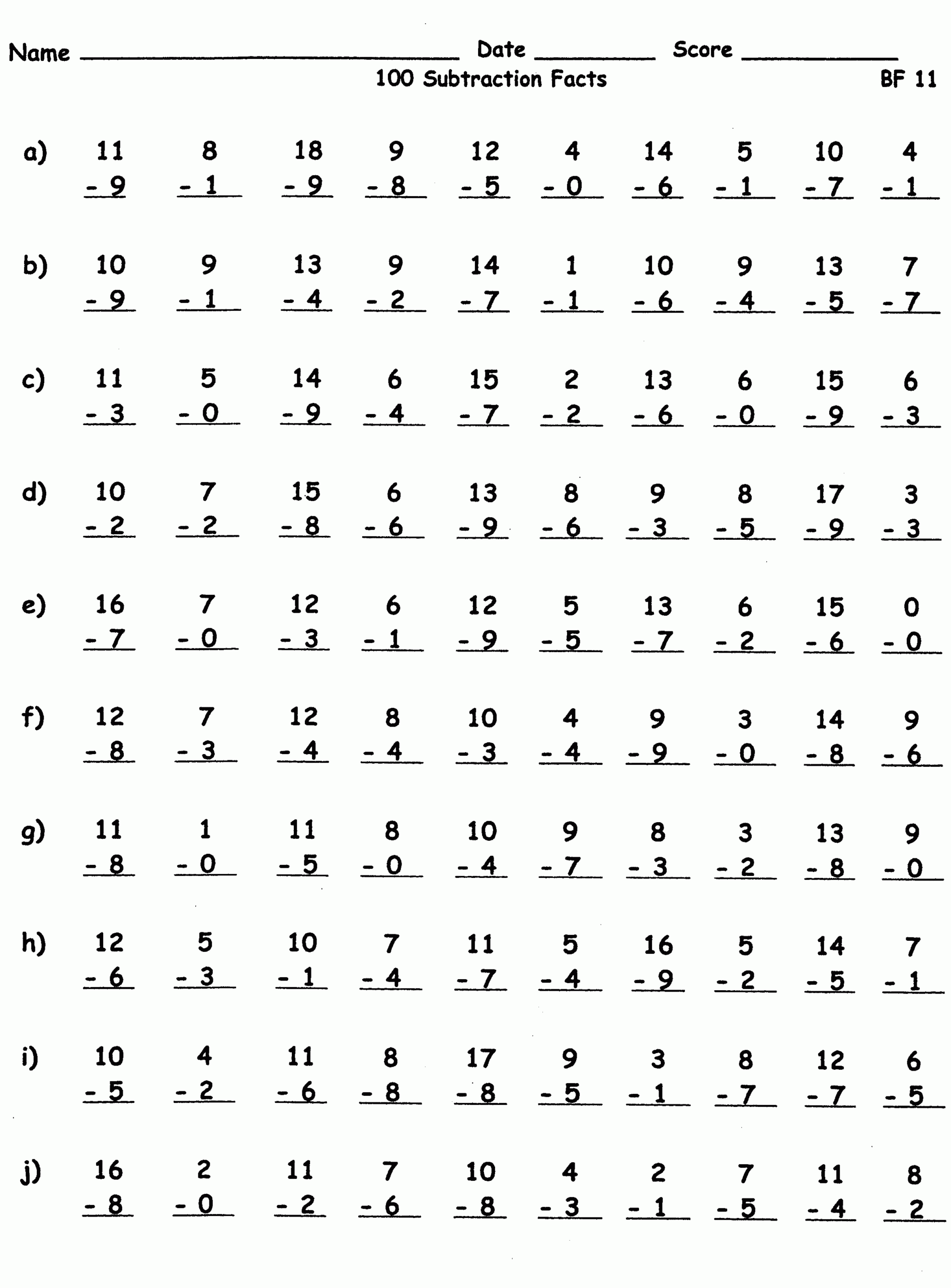 100 Subtraction Facts Printable Math Worksheets Math Worksheets 