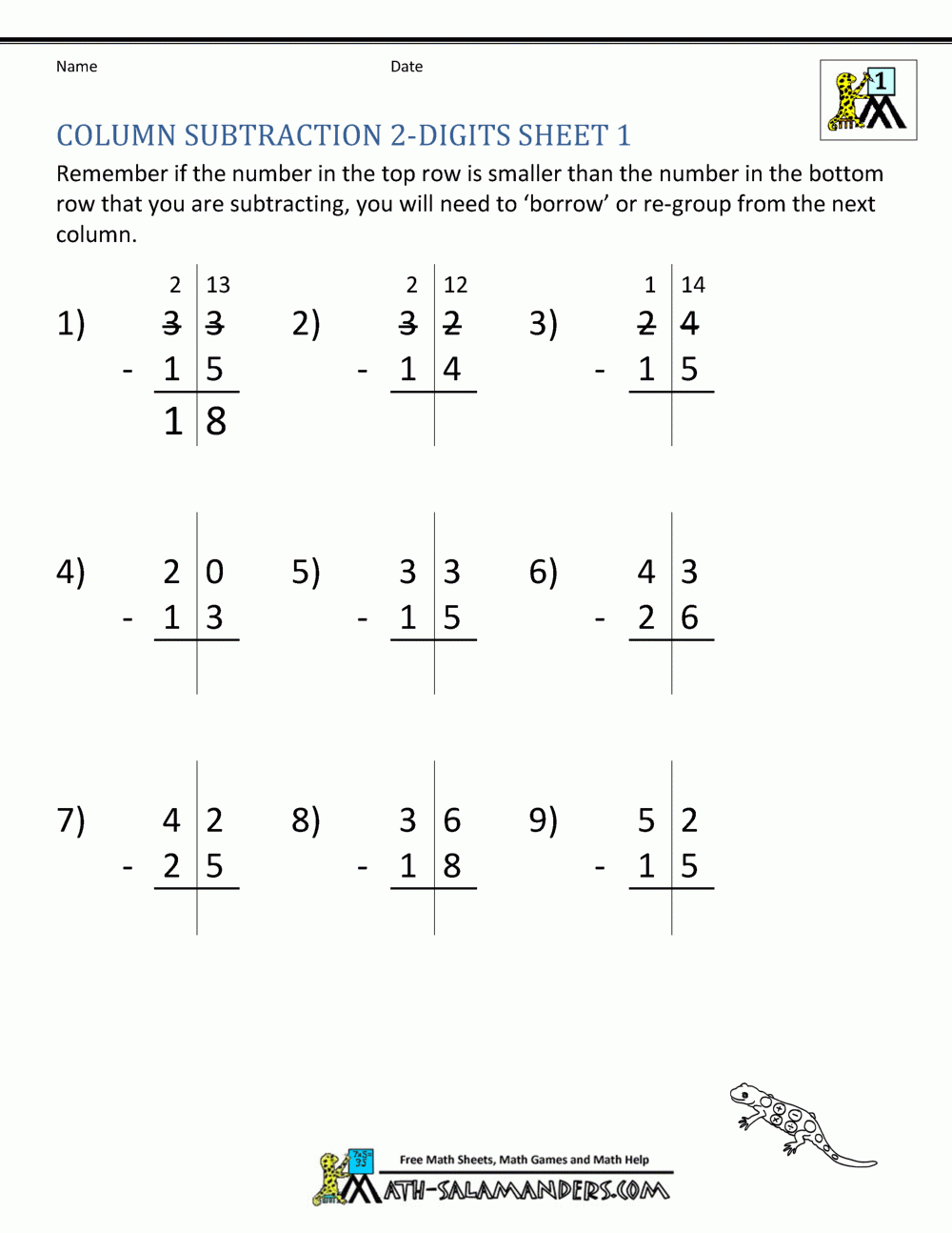 2 Digit Subtraction Worksheets