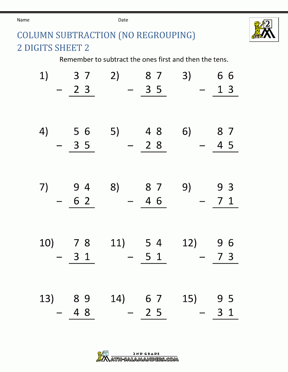 2 Digit Subtraction Worksheets