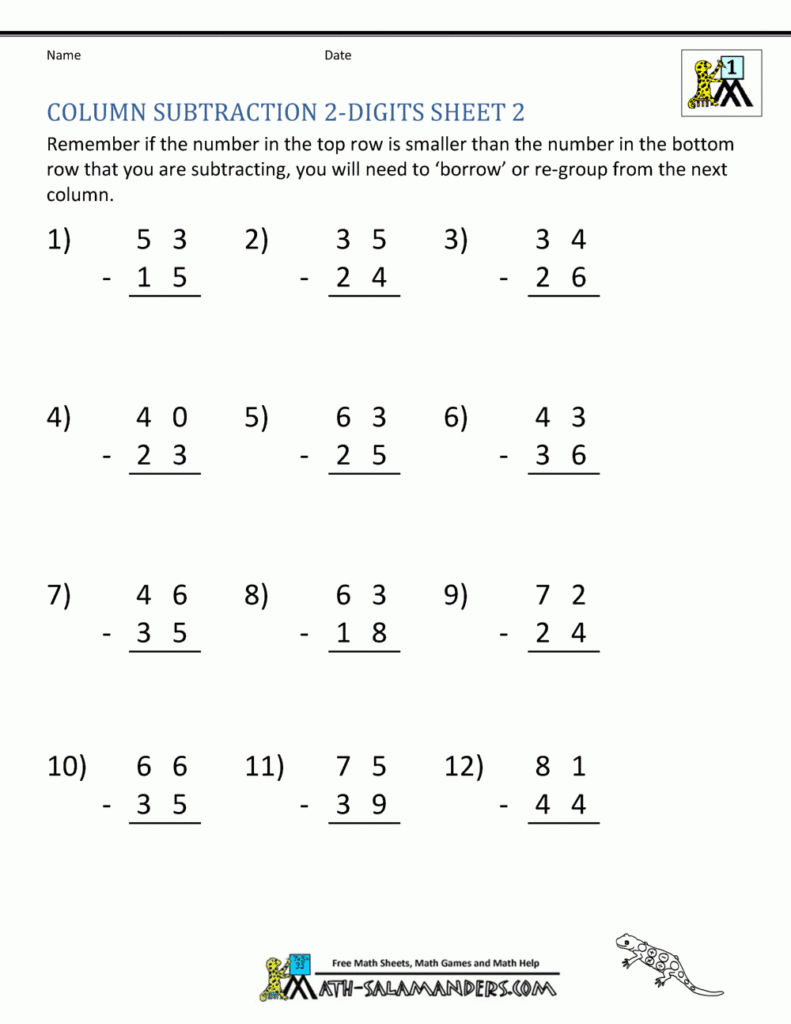 2 Digit Subtraction Worksheets