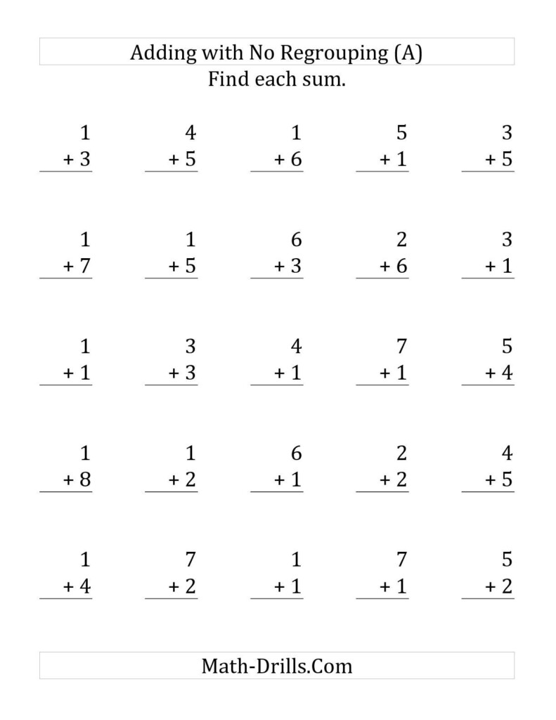 25 Single Digit Addition Questions With No Regrouping A Addition 