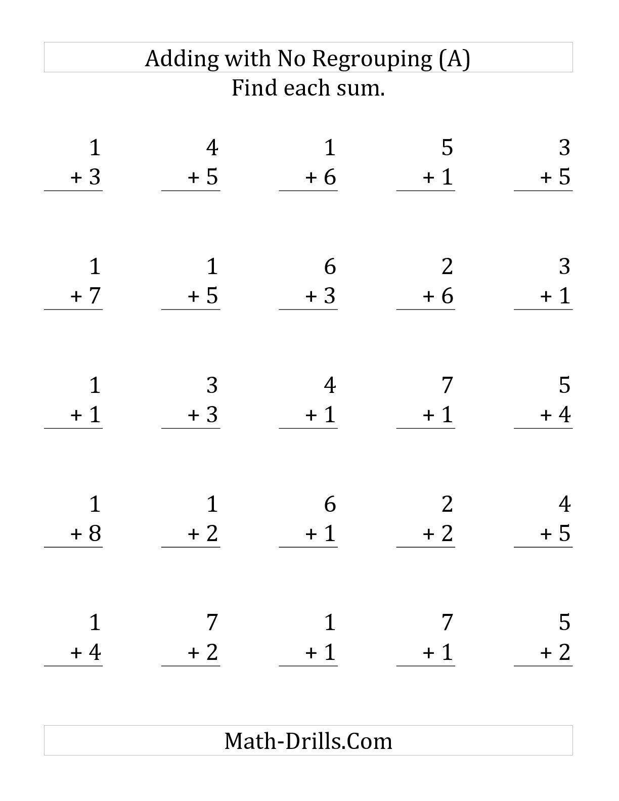 25 Single Digit Addition Questions With No Regrouping A Addition 