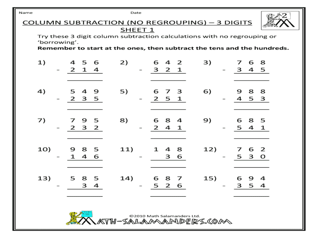 3 Digit Subtraction With Regrouping Worksheets 2nd Grade Times Tables 