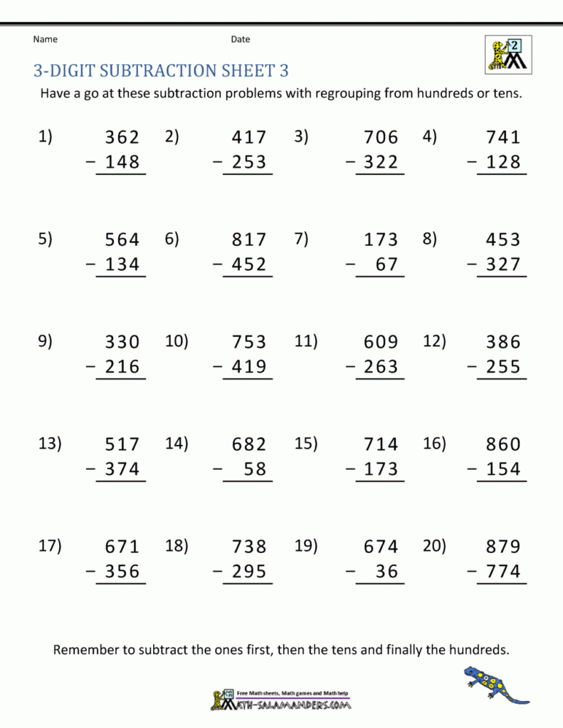 3 Digit Subtraction Worksheets