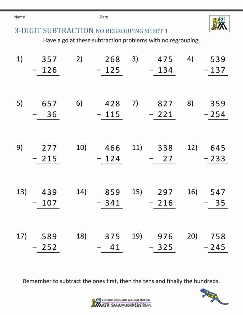 3rd Grade Math Worksheets Subtraction With Regrouping Free Worksheet