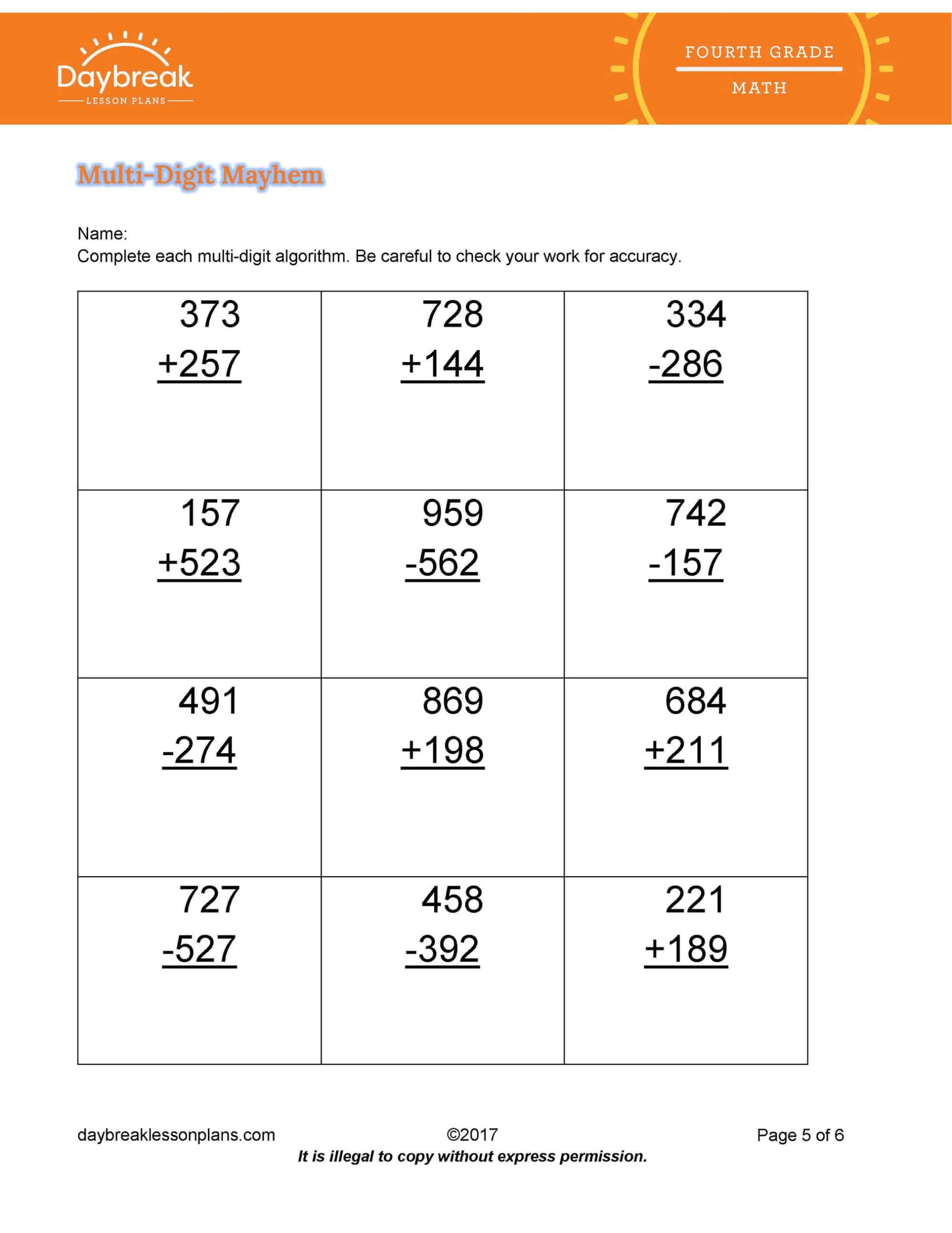 4th Grade Math Addition Subtraction Of Multi Digit Numbers