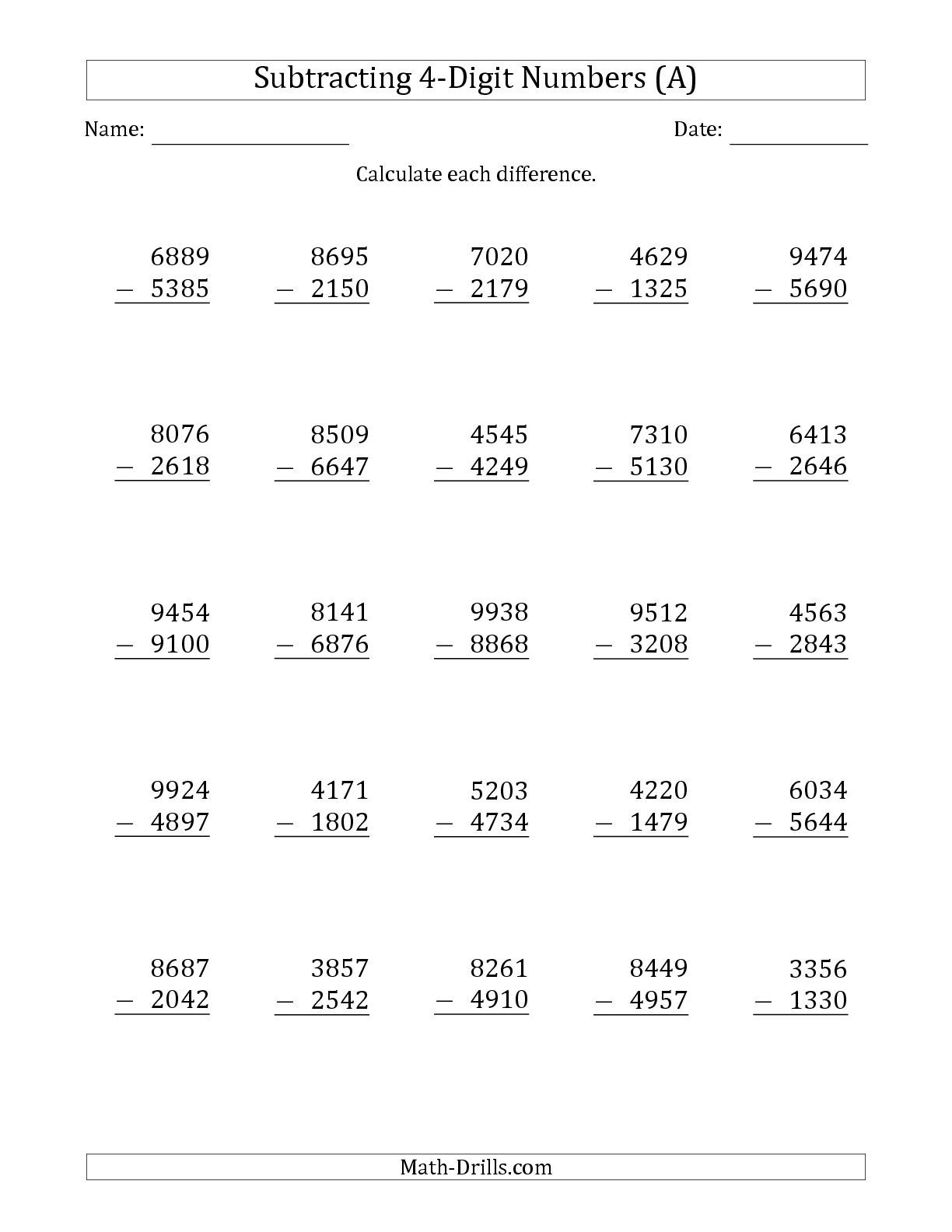 4th Grade Subtraction Worksheets Printable Learning How To Read