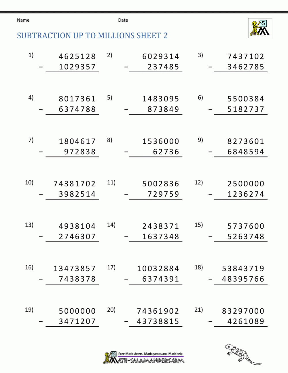 5th Grade Subtraction Worksheets