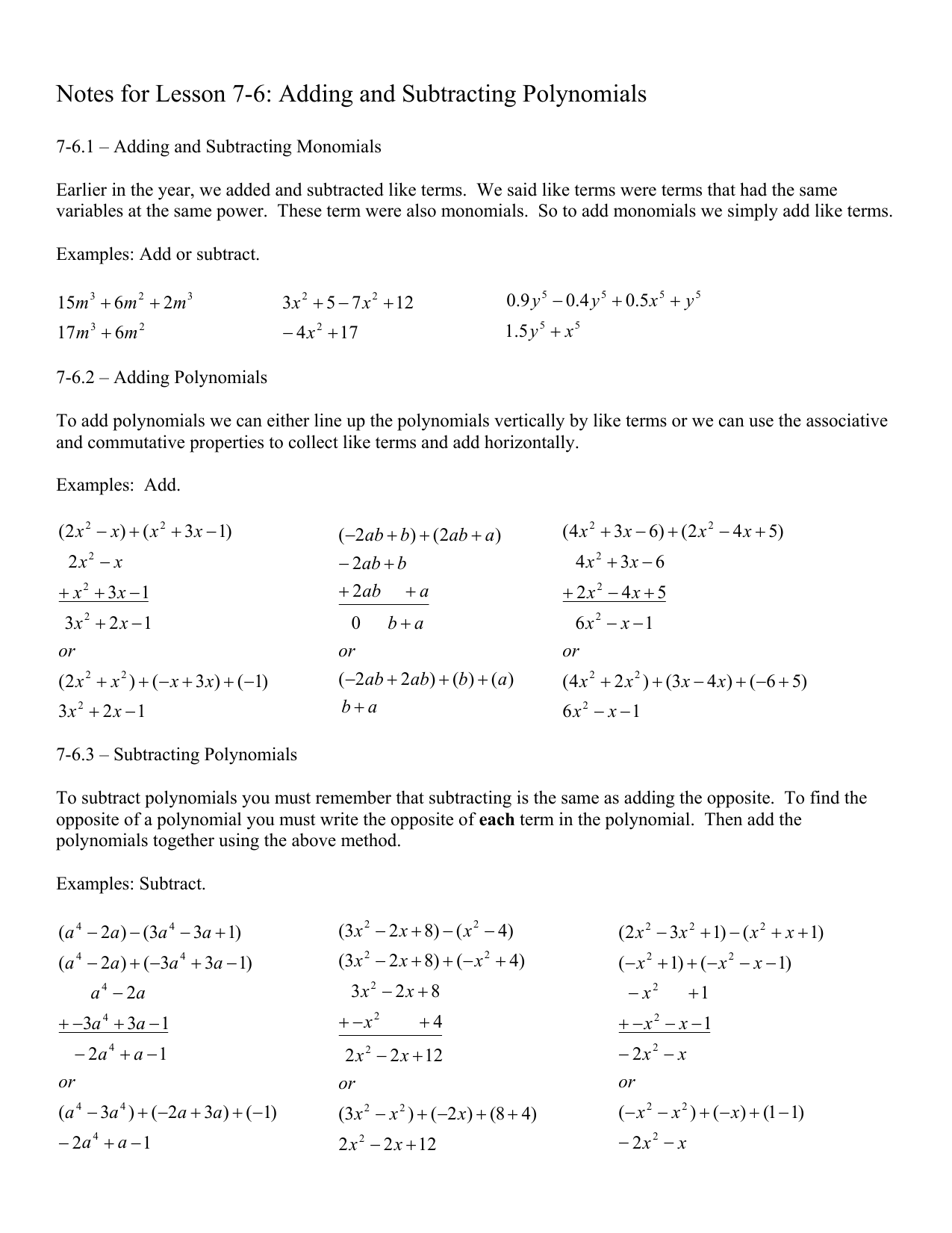 6 1 Adding And Subtracting Polynomials Worksheet Answers William 