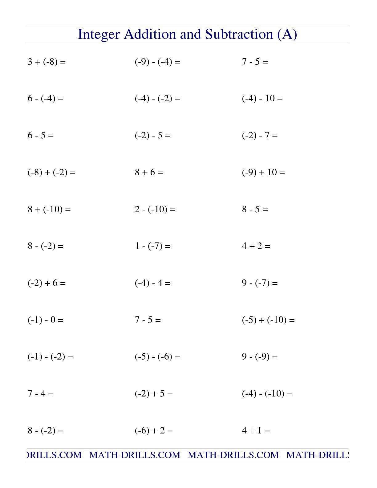 Absolute Value Adding And Subtracting Integers Worksheet Worksheets 